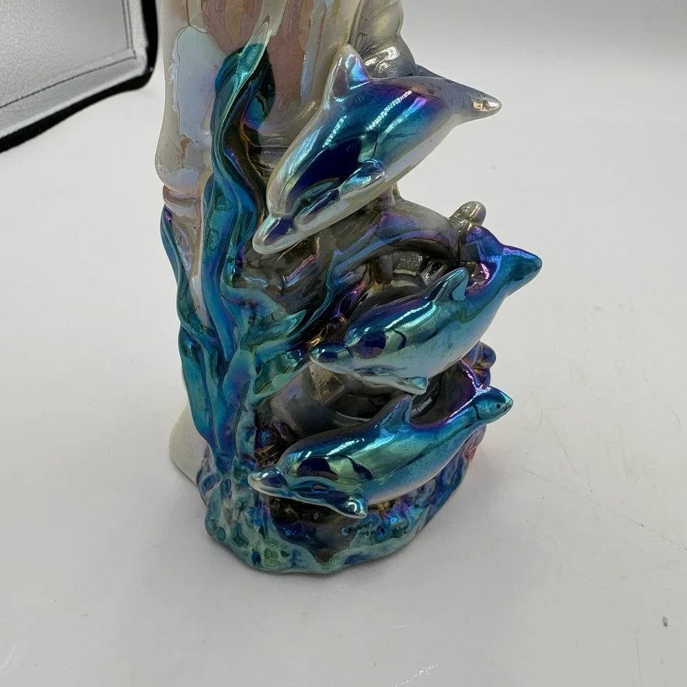 Vintage‎ Iridescent Dolphin Vase B16601 Ocean Scene Sea Life Ceramic 8